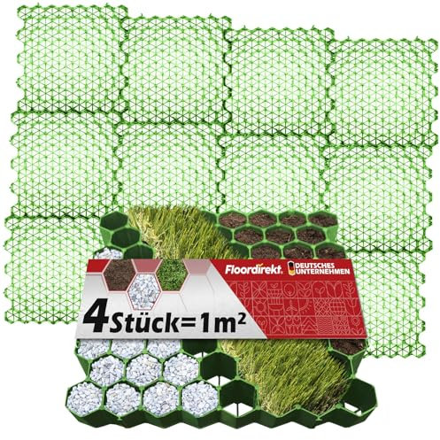 Floordirekt Rasengitter aus Kunststoff befahrbar 1m² - 4 Stück - 50 x 50 cm, Gruen - Bodengitter, Paddockplatte, Rasenwaben, Bodenwaben, Rasengitterplatten, Kiesgitter, Rasengittersteine