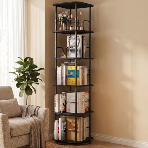 Lauxery 5 Ebene 360° drehendes Bücherregal, Platzsparende Boden Stehende Ecke Aufbewahrung Organizer für kleine Räume, Quadrat drehendes Bücherregal für Home Office Wohnzimmer,Schwarz