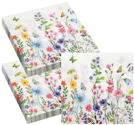 VOSSOT 40 Stück Servietten Blumen 33x33cm Servietten Sommerparty Papierservietten Sommer Servietten Serviettens Blumenwiese Geeignet für Geburtstage, Partys, Bankette, Hochzeiten, Kommunionen