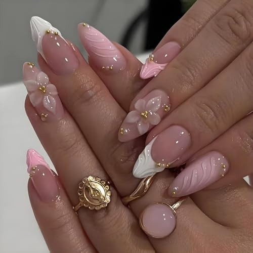 Charmefleur 3D Rosa Press On Nägel Mandel Französische Spitze Mittel Künstliche Nägel Mit Prägung Blume Und Gold Perlen Design Glänzend Wiederverwendbare Falsche Nägel