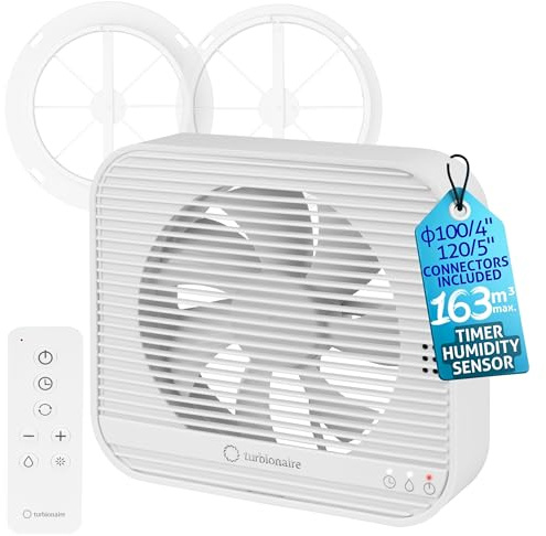 Turbionaire Axio 1012 HTR Multifunktionell Badfläkt – 161 m³/h Luftflöde, Luftfuktighetssensor, Justerbar Timer, Kontinuerlig Ventilation, 8 Hastigheter, Fjärrkontroll, Backspjäll 100/120 mm, 9.2W – M