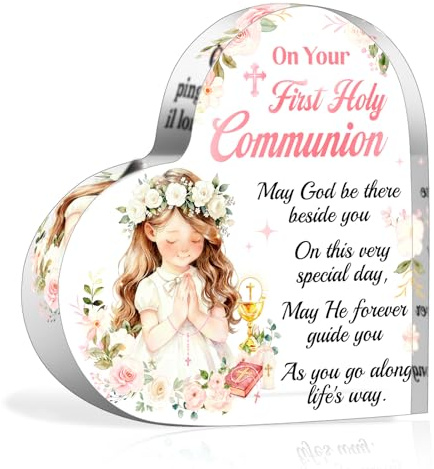 HOWAF First Holy Communion Gifts for Girls, Heart-Shaped Acrylic Plaque Keepsake for Table Decorations, 1st Holy Communion Gifts for Girls, Goddaughter, Daughter, Granddaughter