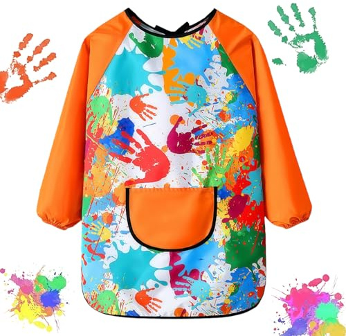 QIANSSE Kids Painting Apron for Ages 3-8, Waterproof Art Smock with Long Sleeves Toddler Apron for Kids Cooking Craft Painting Apron for Kids with Large Pockets