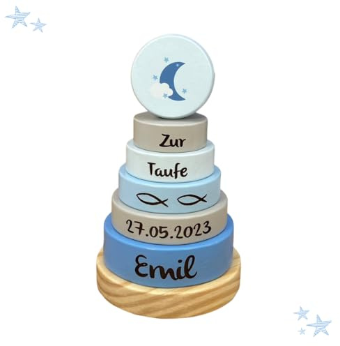 Mainely Taufgeschenke Stapelturm Mond blau I Geschenk zur Taufe I Graviert I Stapelturm mit Namen & Taufdaten I Personalisierte Geschenke Baby