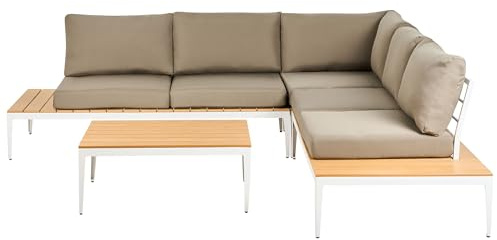 Beliani Lounge Set 5-Sitzer Ecksofa mit Couchtisch Holzoptik weiß Auflagen grau Positano