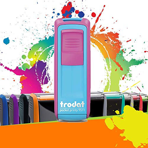 Trodat Pocket Printy 9511 - Professioneller Selbstfärbestempel mit De Poche 3 Zeilen zur Personalisierung – Textplatte 38 x 14 mm Inklusive (Fuchsia und Türkis)