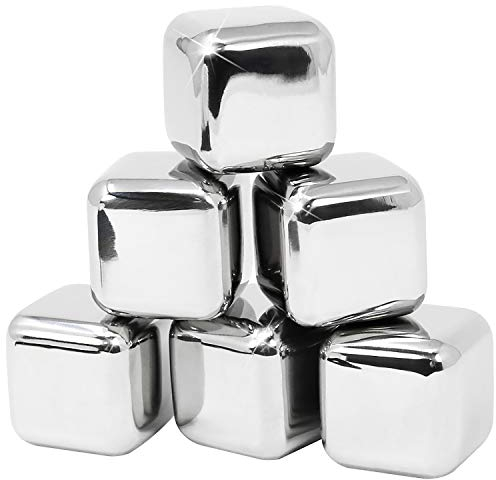 COM-FOUR® 6x glaçons en acier inoxydable, pierres à whisky de qualité supérieure, bac à glaçons réutilisable, pierres de refroidissement pour whisky, vin, gin et boissons toniques (6 pièces)