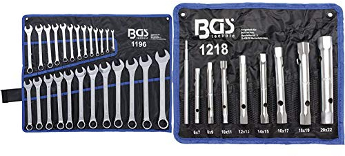 BGS Technic Pro+ Din 3113A - Set Di Chiavi Combinate, 6-32 Mm, Confezione Da 25 & 1218 Set Chiavi A Bussola Per Tub 9 Pezzi, Sw 6 X 7-20 X 22 Mm, Metric, Borsa Rotolo Tetron Incluso