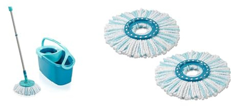 Leifheit Clean Twist Disc Mop Ergo Mop and Bucket, Floor Mop with Moisture-Controlled Spin Mop & Replacement Mop Head Clean Twist Disc Mop x 2 Pack, 2 Fibre System