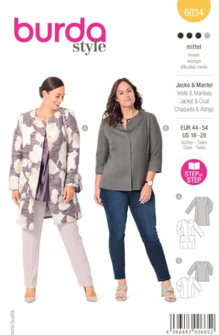 Burda Style Katalog-Schnittmuster Mantel und Jacke mit Druckknöpfen | Damen, Gr. 44-54 | Nählevel: Mittel #6034