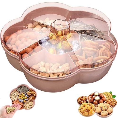 Aboiledy Snackteller, 6 Fächer Snack Tablett Snackbox mit Deckel, Snack Serviertablett Süssigkeiten Aufbewahrungsbox, Blumenform Snack Bowls Bonbon Schale für Nüsse Getrocknete Früchte Süßigkeiten Kek