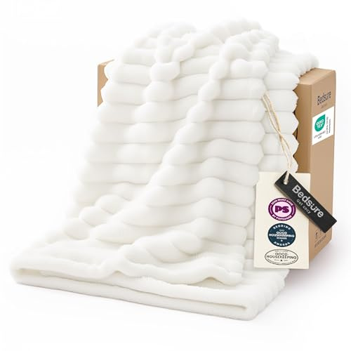 Bedsure GentleSoft White Throw Blanket for Couch - Teacher Appreciation Graduation Gifts Birthday Gifts for Women Mom Her, Cozy Fleece Throw Blanket for Girl, Room Home Decor, Off White, 50x60 Inches