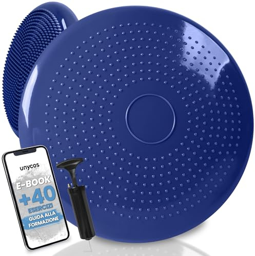 unycos - Cuscino Propriocettivo per Riabilitazione e l'Equilibrio Ø34 cm【Include Pompa | Esercizi E-Book】Disco Ortopedico Gonfiabile, Balance Board per Postura, Allenamento, Fitness (Blu Scuro, Basic)