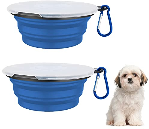 JVHLOV 2 Cuenco Plegable Perro, Comedero para Viaje con Tapa y Gancho, Bebedero portátil de Viaje Plato Silicona para Perros Gatos
