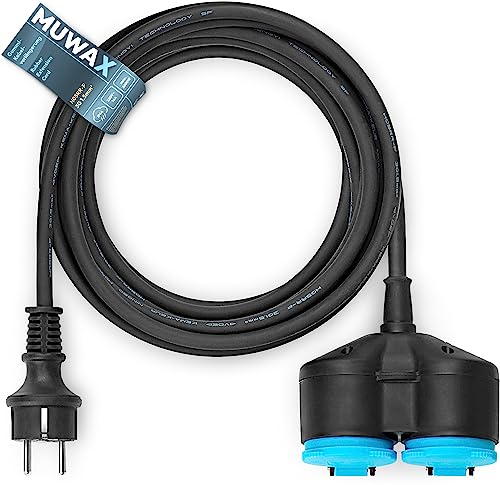 MUWAX Gummi-Verlängerungskabel 15m mit 2-Fach Verteiler für Heimwerker, Garten, Haushalt, für temporäre Einsätze im Außenbereich und mittlere mechanische Beanspruchung H05RR-F 3G1,5mm² schwarz