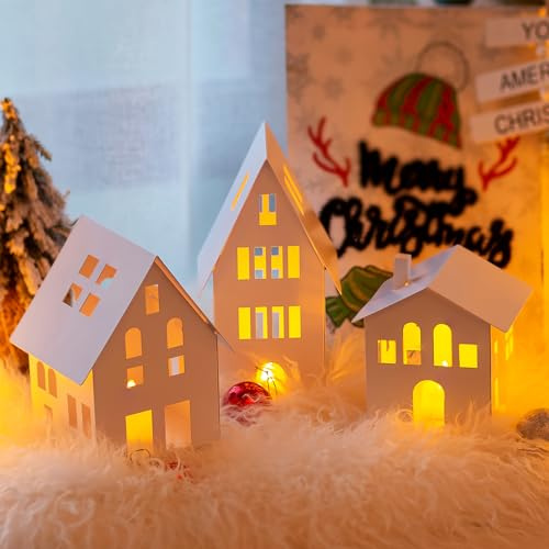 Sziqiqi Windlicht Lichthaus Weihnachten Deko: Lichthäuser Weiß 3er Set | mit 3 LED, Metall Teelichthaus Kerzenhalter, Abnehmbares Design, für Weihnachtsdeko Innen, Tischdeko, Couchtisch, Regal