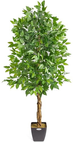 CHRISTOW Artificial Ficus Tree, Fake Weeping Fig House Plant for Home Decoration, Lifelike Green Leaves, Natural Wooden Trunk with Twists, Weighted Pot, Indoor Outdoor (150cm / 5ft)