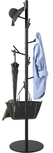 BAKAJI Perchero de pie con 16 ganchos, soporte para colgar ropa independiente para entrada y salón, ideal para abrigos, sombreros, bolsos (color negro)