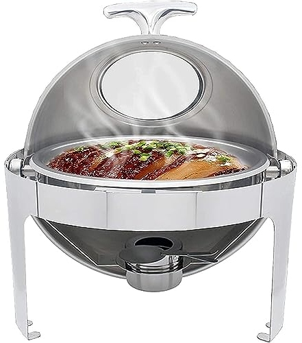 Roll Top Chafing Dish, 6.8L Stainless Steel Chafer with Visible Window, Round Buffet Food Warmer Set with Food Pan, Water Pan and Fuel Holders