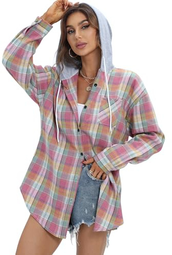 Jhsnjnr Damer oversize flanellskjorta huvtröja knapp rutig V-ringad topp mode långärmad rutig blus, ROSA, XL