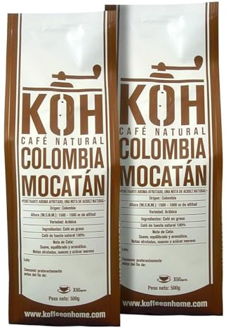 KoffeeONHOME Café en Grano 100% Arábica, Colombia Mocatán, Tueste Natural, 2 Paquetes de 500 gr - 1 Kg