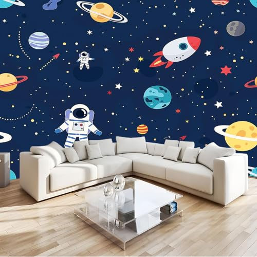 Fototapete Niedlicher Weltraum Astronaut Planet 3D Effekt 200 x 140 cm - Fototapete Schlafzimmer Wohnzimmer Moderne Vliestapete XXL Wandtapete Motivtapeten 3d Effekt Dekoration - Dunkelblau