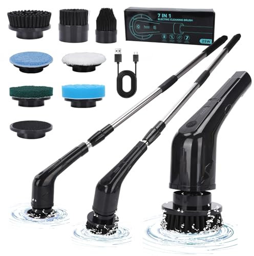 Brosse de nettoyage électrique, brosse rotative électrique multifonctionnelle, brosse de nettoyage de salle de bain, sans fil, avec poignée réglable et brosse à plaque de sol à 9 têtes, voiture (Noir)