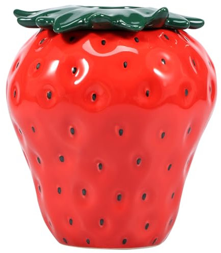 Vase à fraises d'inspiration vintage en céramique avec couvercles - Pot décoratif unique en forme de fraise pour la maison, le bureau, la cuisine, l'arrangement floral (rouge)
