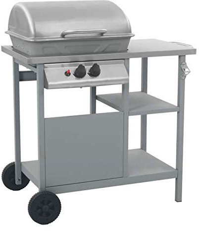 IKAYAA Barbacoa a Gas Acero Inoxidable con 2 Quemadores, Barbacoa Portatil, Rejilla de Acero Inoxidable - Barbacoa con Ruedas, Mesita auxiliares Plateado 92 x 53 x 96 cm