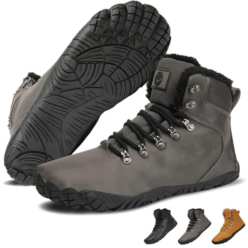 VEXITO Barfuss Schuhe Damen Winter Leder Barfußschuhe Herren Wasserdicht Wasserfest Winterstiefel Warm Gefüttert Stiefel Stiefeletten Winterboots Breit Kurzschaft Grau Gr.43