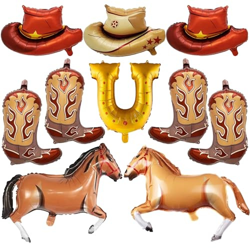 10 Stück Western-Motto-Party-Luftballons – Cowboy-Party-Dekorationen, große Cowboyhüte, Stiefel, Folienballons und Pferde-Ballon aus Aluminium für Jungengeburtstagsparty-Zubehör