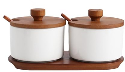 OnePine Set di 2 Zuccheriera Porcellana, 220ml Zuccheriera con Coperchio e Cucchiaio, Design Elegante, per Casa e Cucina, Bianco