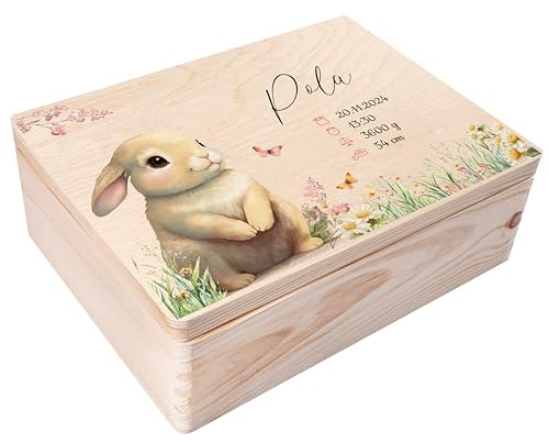 Creative Deco Erinnerungsbox Baby Personalisiert mit Namen - Hase | 40 x 30 x 14 cm | Individuelle Erinnerungskiste Geschenk zur Geburt für Mädchen und Jungen | Holzkiste mit Deckel | Farbdruck