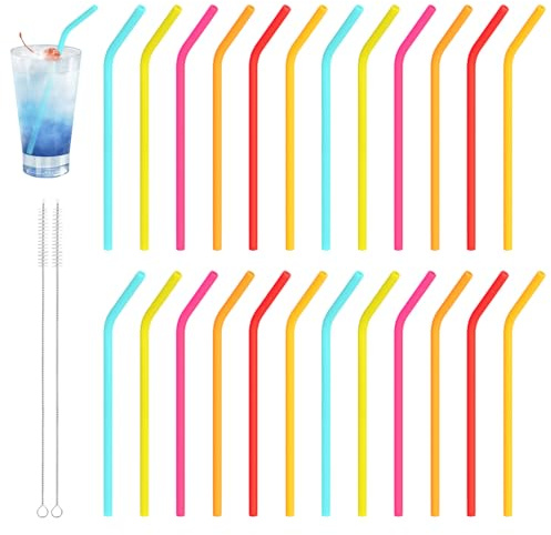 24 Stück Silikon Strohhalme, Trinkhalme Wiederverwendbar 22cm Lang, Bunte Silikonstrohhalme mit 2 Strohhalm Reinigungsbürste für Cocktails, Säfte, Milchtee