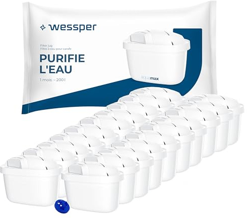 Wessper filtro agua, PIN adicional compatible con brita jarra - 20 pieces | filtro carbon activo, compatible con jarra brita, recambio para jarras Dafi, Wessper, Aquaphor, Philips