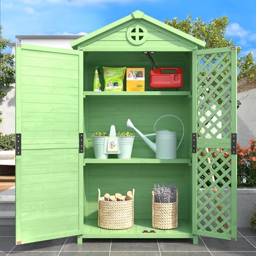 Merax Gerätehaus Geräteschuppen Geräteschrank Holz Wetterfest Gartenhaus Gartenschrank, BxTxH:90 x 56.5 x 175.3 cm, mit 2 Türen, 2 Regale, 3 Werkzeugfächer, Satteldach, Grün