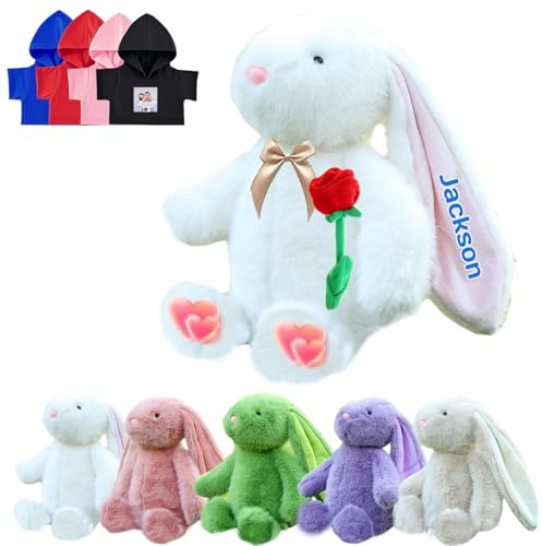 DRAJOIN Animal en Peluche Lapin Personnalisé, Peluche Lapin Personnalisé avec Photo Texte comme Cadeau pour Garçon Fille, Premier Cadeau de Pâques pour Enfant, 25 cm