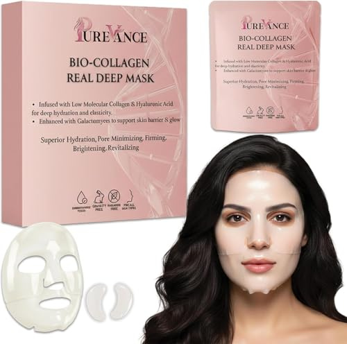 Pack of 10 – Bio-Collagen Real Deep Face Mask with Hyaluronic Acid – Anti-Aging Hydrogel Sheet Masks for Deep Moisture, Wrinkles, Fine Lines, Pores & Firming