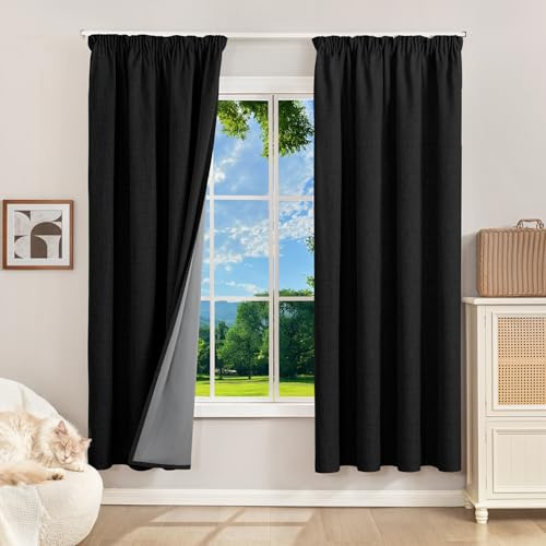 Runyéla 100% Verdunklungsvorhänge Thermovorhänge Kälteschutz Gardinen mit Kräuselband 175 x 140 cm (HxB) 2er Set Leinenoptik Vorhänge Blickdicht Schwarz, Schiebegardinen Wohnzimmer Curtain