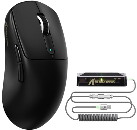 ATTACK SHARK V5 Souris Gaming sans Fil 8KHz,Ultra-Légère (53G), Capteur PixArt PAW3950MAX, Puce Nordic 52840, Bluetooth/2,4GHz/Filaire avec Câble Spiralé, 42KDPI,Revêtement Ice-Feel,Noir
