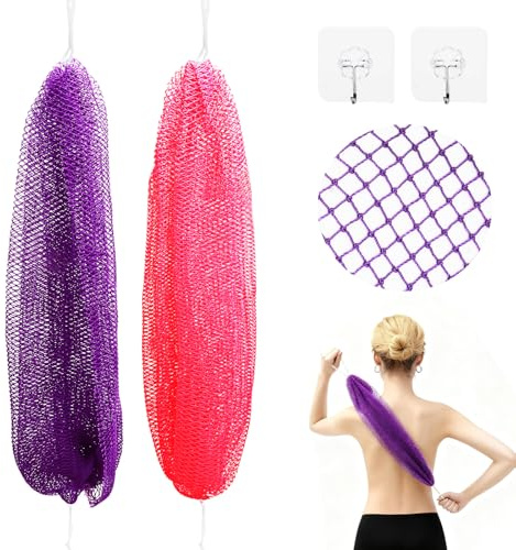 KQDRAVINE 2 stycken afrikansk nätsvamp med hängande snöre lång peeling svamp för kropp och rygg badsvamp peeling svamp duschsvamp perfekt för daglig kroppsvård (lila och rosa)
