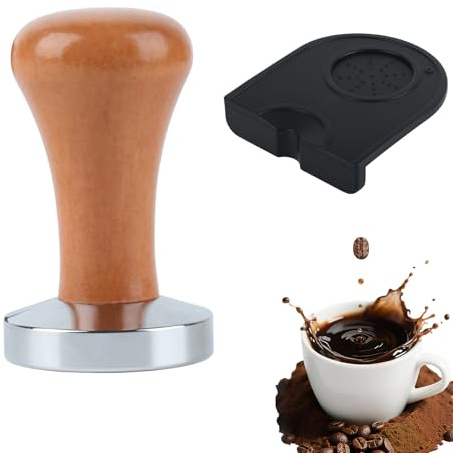 Coffee Tamper 51mm, Espresso Coffee Tamper, Wooden Tamper Coffee Shop Supplies with Silicone Tamper Mat, Barista Espresso Machines Accessory