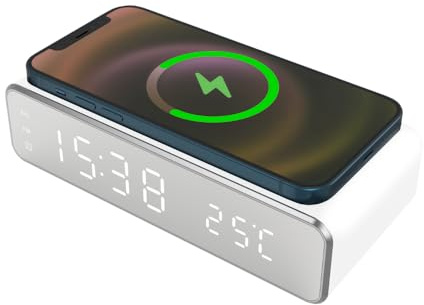 Di Tutto Per Tutti® Sveglia Digitale con Ricarica Wireless, Sveglia con Allarme con Timer, Display LED Regolabile Luce notturna, Ricarica per Smartphone