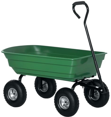 Outsunny Chariot de Jardin 100L Charge 250 kg, 4 Roues pneumatiques, poignée réglable, remorque à Main pour extérieur Cadre en Acier Vert