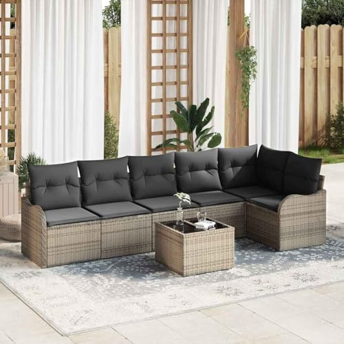 Hoopleep Gartensofa-Set Grau aus robustem Poly-Rattan, modulares Outdoor Loungesofa mit Tisch, UV-beständig, ideal für Terrasse und Balkon, 6-Sitzer