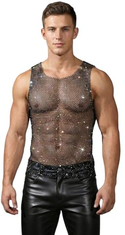 Camiseta de malla para hombre, con diamantes de imitación, sexy, recortada, chaleco transparente, para carnaval, fiesta, festivales de música, disfraz, Negro , S