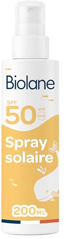 BIOLANE - Spray Solaire Bébé - Protection SPF50 - Visage & Corps - 200ml | Haute Protection UVA et UVB, Texture Fluide, Peaux Sensibles, Résistant à l'eau, Non Parfumé, Fabriqué en France