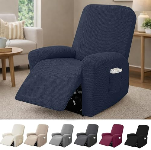 Hengrongshen 1-Sitzer Sessel Überzug, Sesselbezuge Stretch mit Taschen, All-Inclusive Streifen-Jacquard Sesselschoner für Fernsehsessel Relaxsessel Sesselhusse (Marineblau, 4-Teilig)