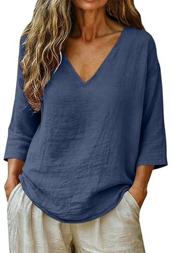 Maglietta Donna in Lino e Cotone Estive, Maniche a 3/4 e Scollo a V Profondo, Tinta Unita Casual Curvy, Leggera e Traspirante per Lavoro e Tempo Libero, Blusa alla Moda Comoda e Versatile