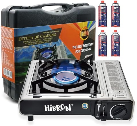 HIBRON Hornillo de Camping Portátil con Maletín – Compacto y Ligero, Compatible con Cartuchos de Gas EN17476/UL147B + 4 Cartuchos Incluidos